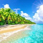 Tropical beach with palm trees and clear blue water.