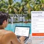 Relaxed user by pool with laptop and palm trees